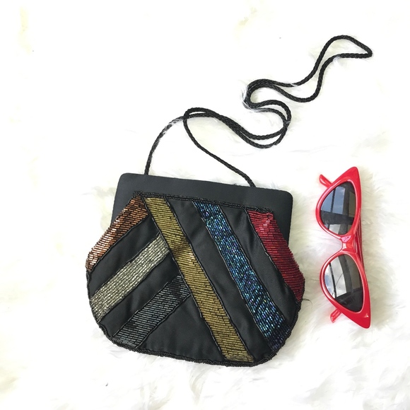 True Vintage La Regale Black Satin Beaded Handbag - Picture 1 of 8